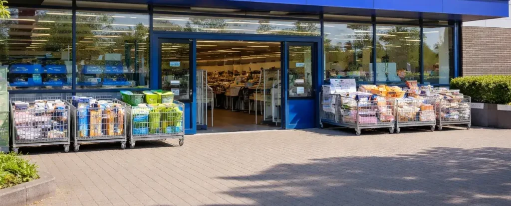 Voorkant van Action winkel in Etten-Leur met ingang en winkelwagens