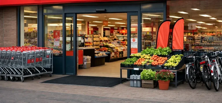 Ingang van Kruidvat met producten en displays