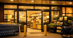 Gevel van een Jumbo-supermarkt in Etten-Leur bij schemering