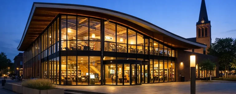 Moderne bibliotheek in Etten-Leur bij avondlicht