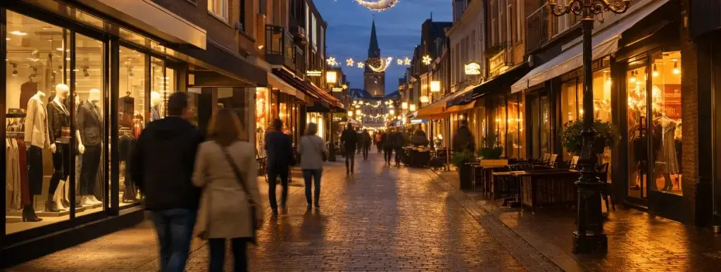 Verlichte winkelstraat in Etten-Leur tijdens koopavond in de avondschemering.