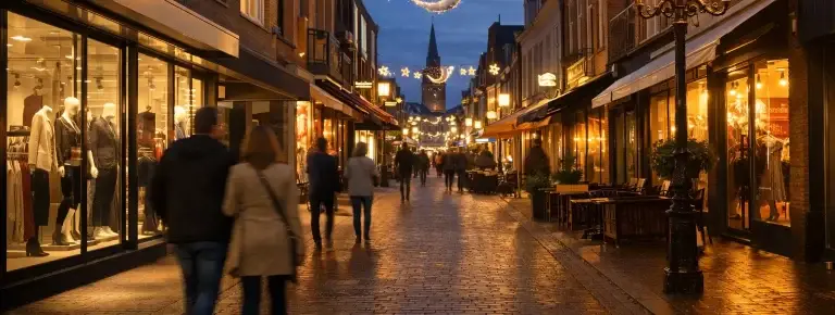 Verlichte winkelstraat in Etten-Leur tijdens koopavond in de avondschemering.
