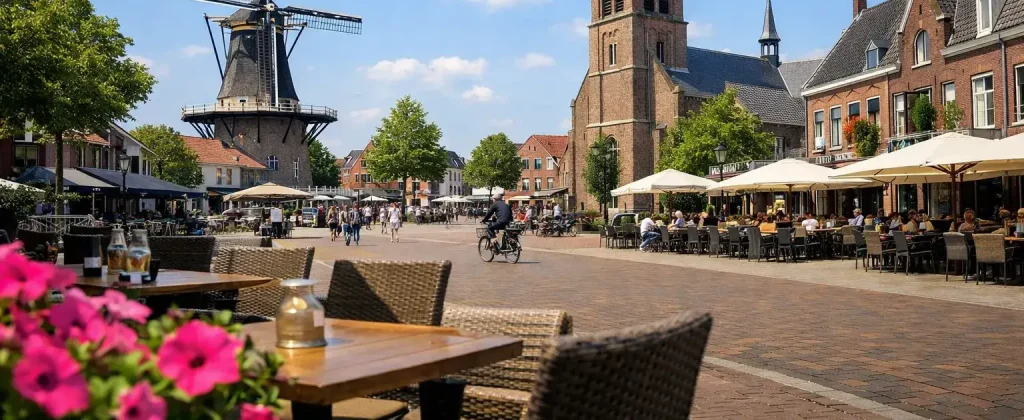Gezellig marktplein in Etten-Leur met terras, kerk en molen.