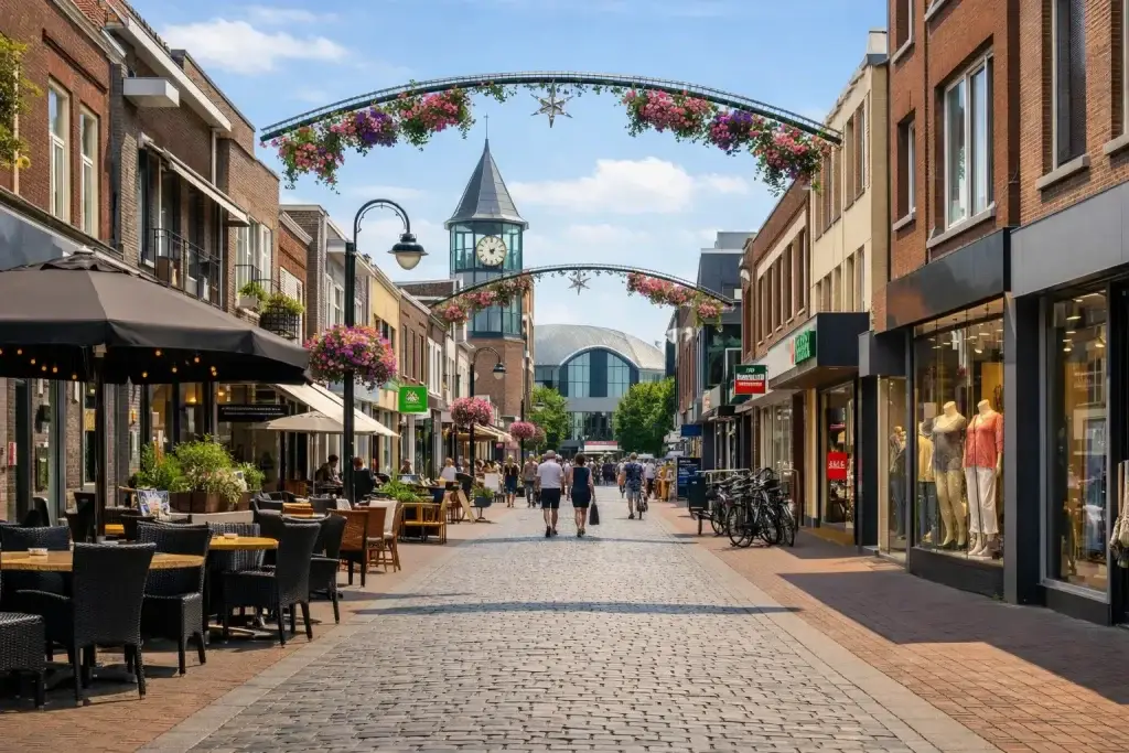 Winkelstraat in het centrum van Etten-Leur met terrasjes en winkels.