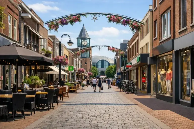Winkelstraat in het centrum van Etten-Leur met terrasjes en winkels.